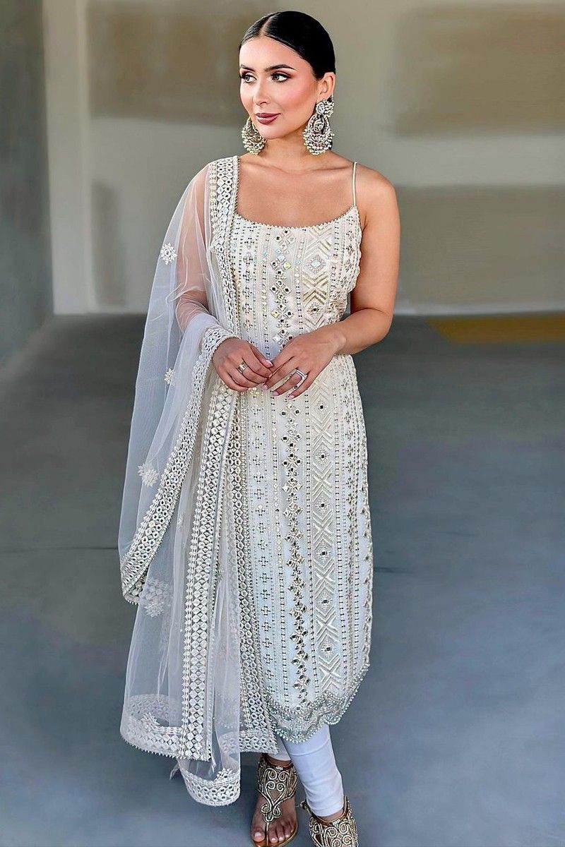 WHITE STRAPPY CHIKANKARI KURTI GARARA SET WITH ATTACHED INNER | Festival  wear, Short kurti, Wedding wear