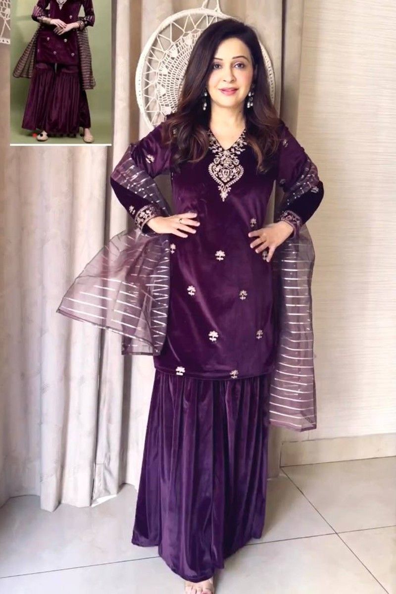 Buy Trending Purple Color Designer Velvet Sharara suit | keerramnx
