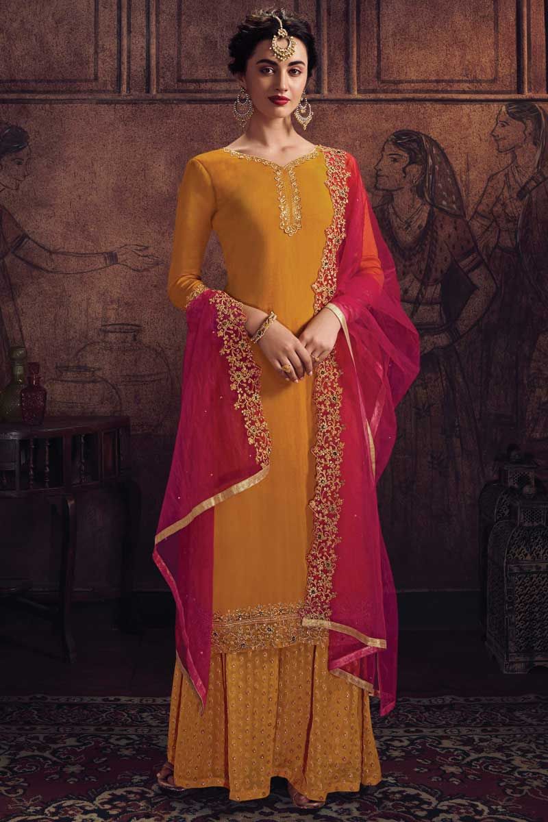 Yellow And Red Crystal Embroidered Churidar Suit