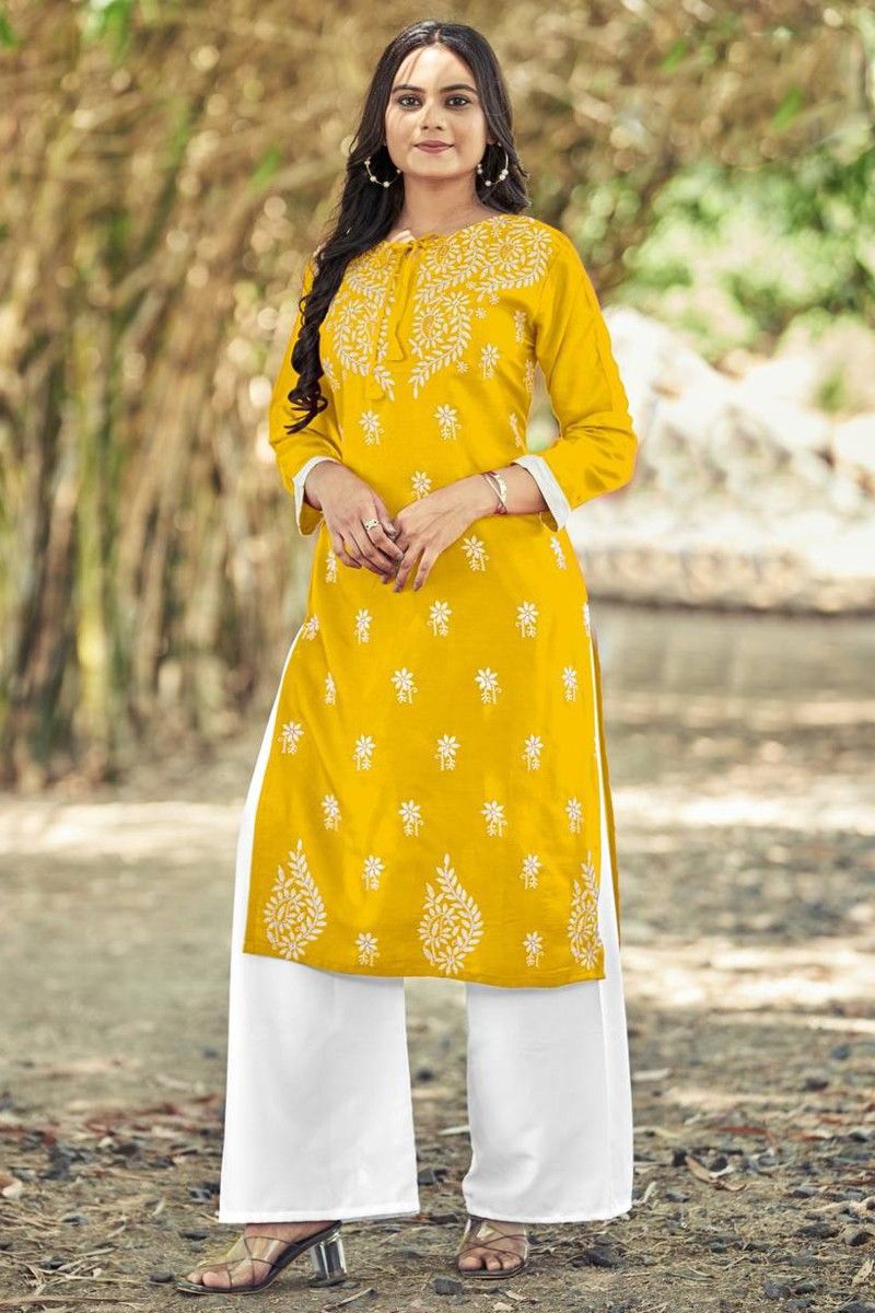 Get that refreshing look in this Vibrant Yellow Kurta, paired with White  Palazzo. Shop Chanderi, Ka… | Silk kurti designs, Stylish women fashion,  Dress indian style