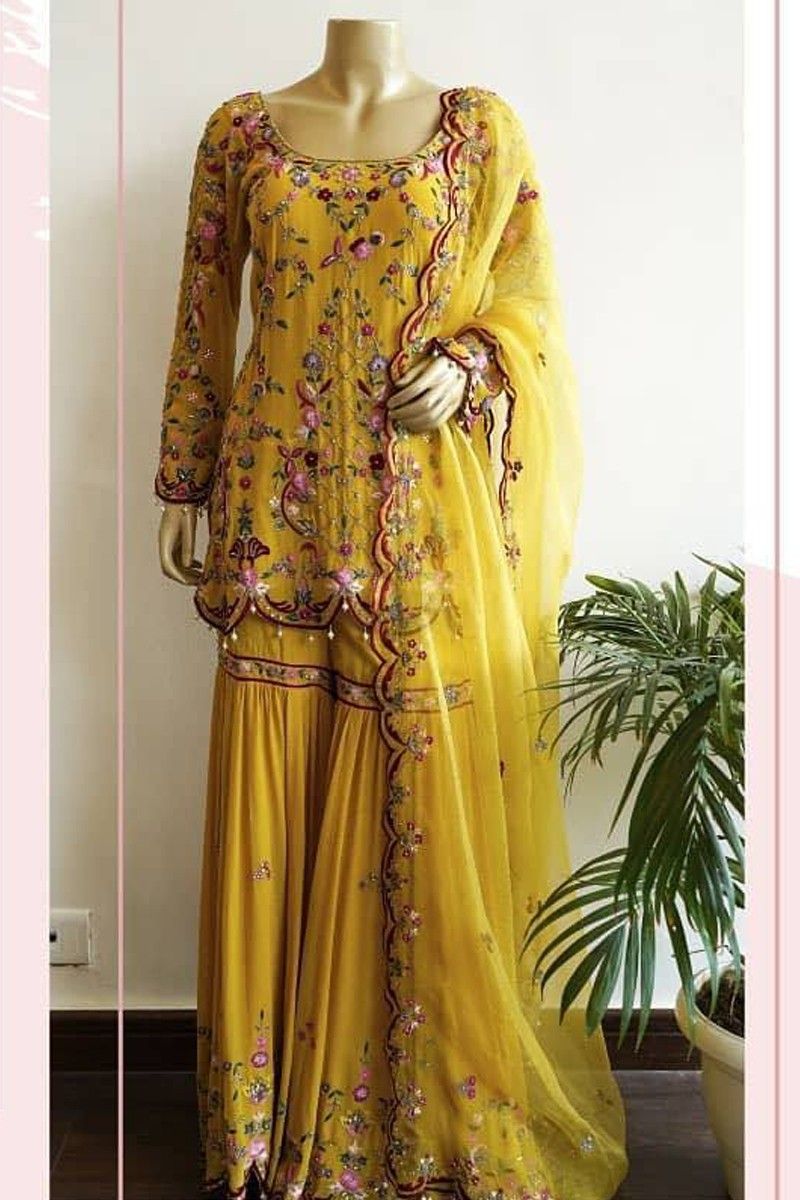 Buy Green Faux Georgette Wedding Wear Embroidery Work Sharara Suit Online  From Wholesale Salwar.