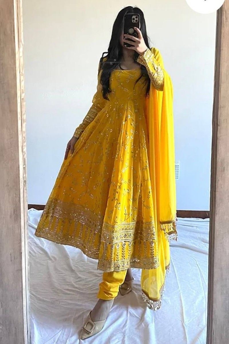 Buy ZKF Kagzi Fashion Beautifull Cotton Printed Yellow Anarkali Gown for  Women (MI01-YL-M) at Amazon.in
