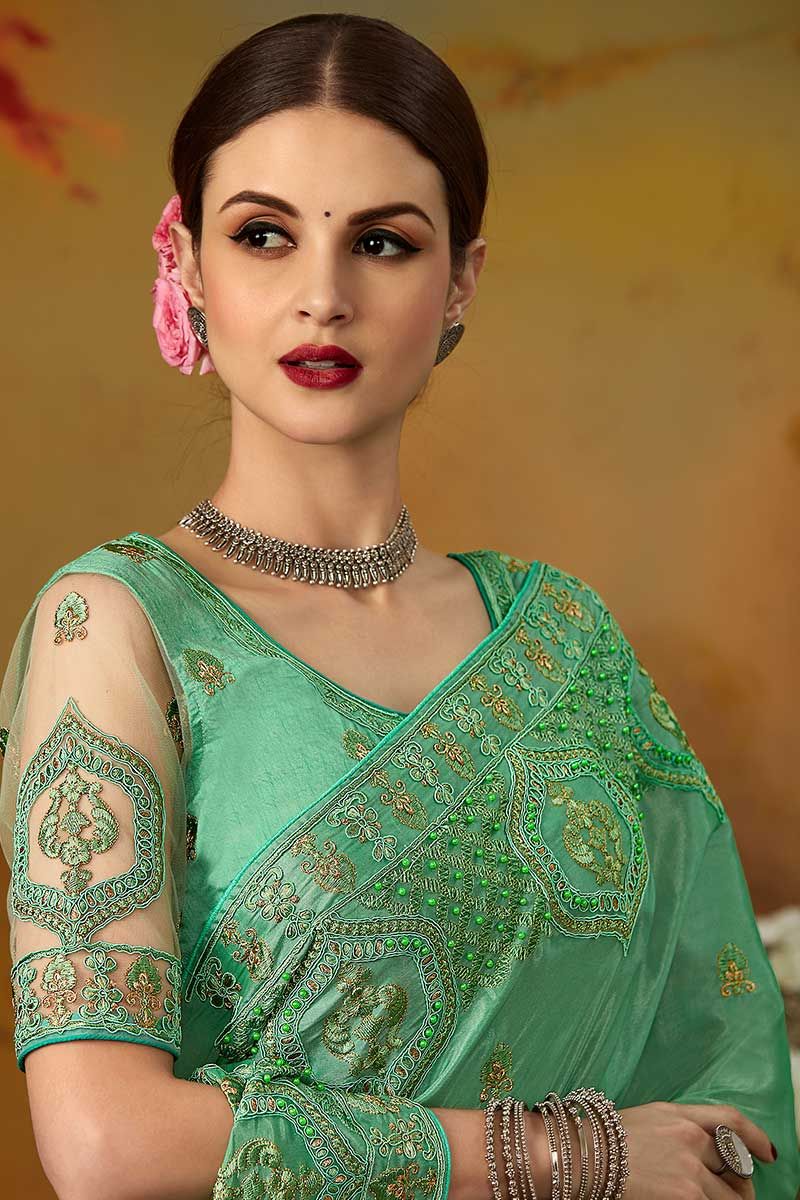 Zari Embroidery Work Pure Silk Saree In Green Color