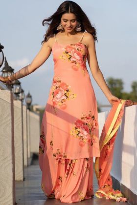 Aamna Sharif Special Peach Flower Printed Palazzo Suit