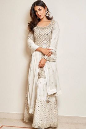 Actress Rhea Chakraborty Style White Sequence Work Sharara Dress