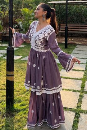 Actress Wear Pastel Purple Sharara Style Salwar Suit