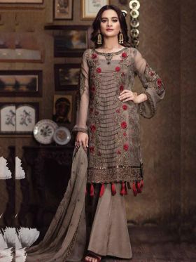 Adorable Faux Georgette Coffee Color Embroidered Pakistani Style Salwar Suit For Eid