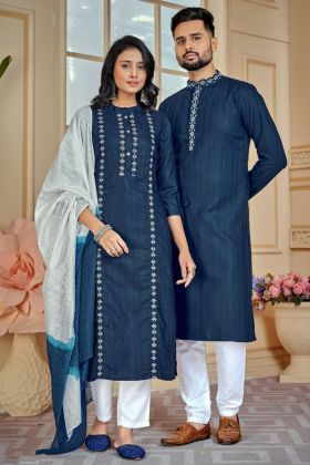 Aegean Blue Pure Cotton Couple Wear Dress Online Collection