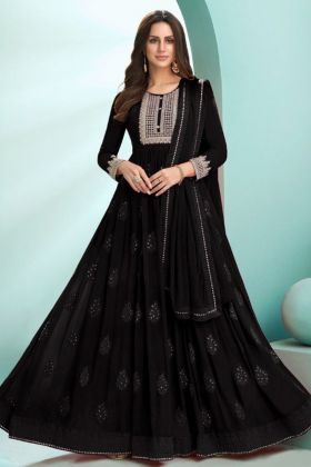 Anarkali Style Black Georgette Coding Work Long Dress