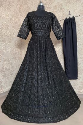 Anarkali Style Black Stone Hand Embroidery Work Gown