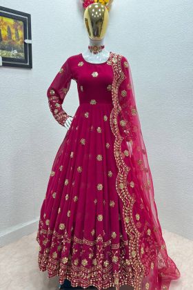Anarkali Style Burgundy Embroidery Work Ready To Wear Long Gown
