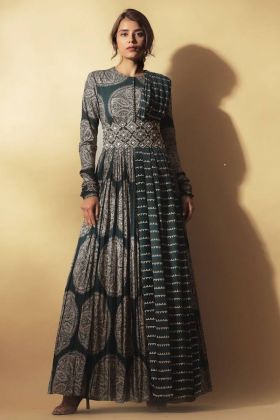 Anarkali Style Dark Green Digital Printed Long Gown