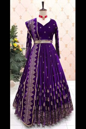 Anarkali Style Dark Purple Viscose Velvet Gown