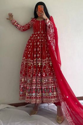 Anarkali Style Dark Red Embroidery Work Long Gown