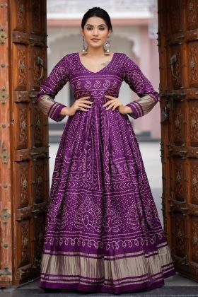 Anarkali Style Diwali Wear Plum Purple Bandhani Printed Gown