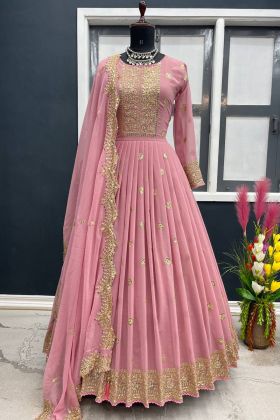 Anarkali Style Dull Pink Embroidery Work Long Gown