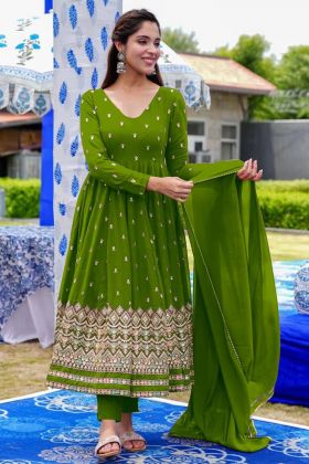 Anarkali Style Green Embroidery Work Long Gown