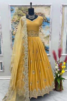 Anarkali Style Light Yellow Embroidery Work Long Gown