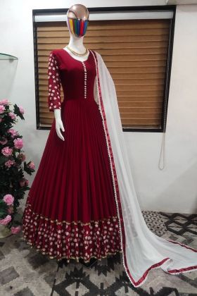 Anarkali Style Maroon Embroidery Work Long Gown