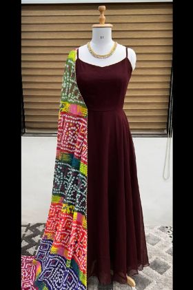 Anarkali Style Maroon Gown With Bandhni Dupatta