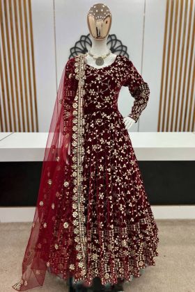 Anarkali Style Maroon Viscose Velvet Gown