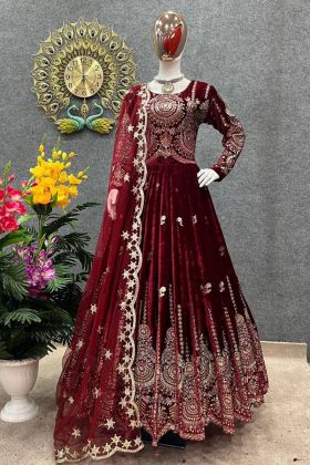 Anarkali Style Maroon Viscose Velvet Long Gown