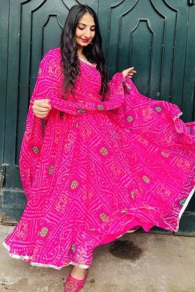 Anarkali Style Pink Bandhani Printed Long Gown