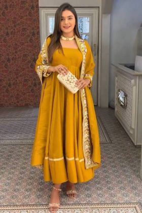 Anarkali Style Plain Yellow Chinon Cotton Gown