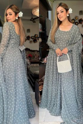 Anarkali Style Slate Grey Digital Printed Readymade Gown