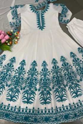 Anarkali Style Teal Blue Embroidery Work Gown