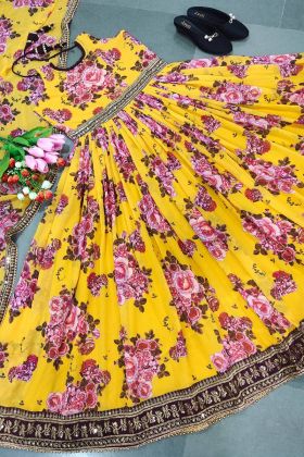 Anarkali Style Yellow Digital Printed Embroidery Work Gown