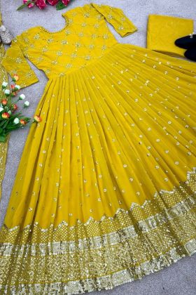 Anarkali Style Yellow Embroidered Stitched Gown