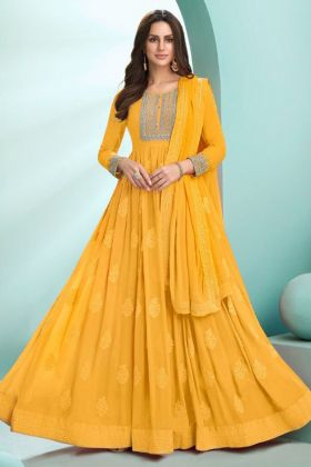 Anarkali Style Yellow Georgette Embroidered Dress