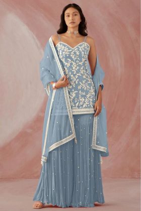 Baby Blue Faux Georgette Embroidery Work Dress