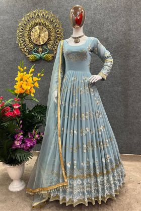 Baby Blue Faux Georgette Flower Embroidery Work Gown