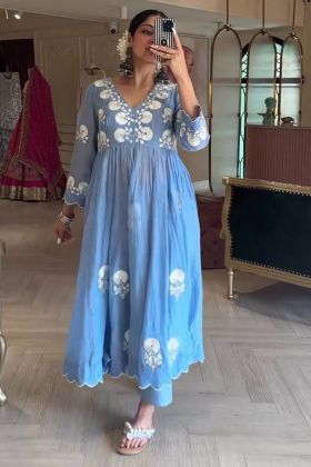 Baby Blue Real Mirror Hand Work V Neck Gown