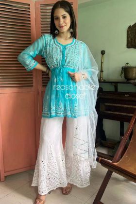 Baby Blue Real Mirror Work Tunic Top With Palazzo