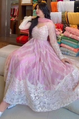 Baby Pink Chain Sequence Work Soft Net Long Gown