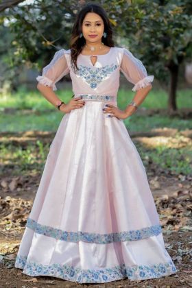 Baby Pink Heavy Satin Thread Embroidery Work Anarkali Gown