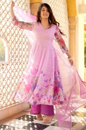 Baby Pink Print Anarkali Style Palazzo Salwar Suit