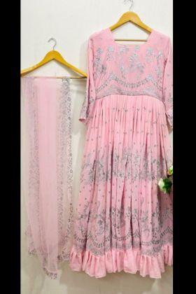 Baby Pink Thread Work Ruffle Gown
