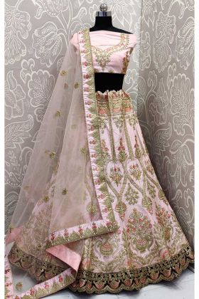Baby Pink Color Satin Silk Lehenga Choli With Zari Embroidery Work