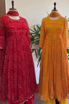Bandhani Digital Printed Red Faux Georgette Silk Gown