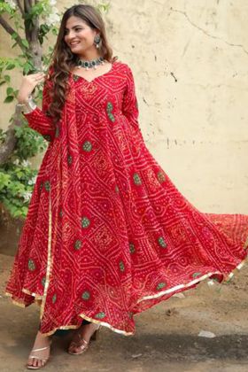Bandhani Printed Red Gota Patti Work Anarkali Gown