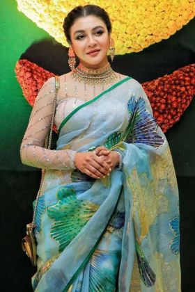 Bangladeshi Actress Jaya Ahsan Wear Sky Blue Flower Print Saree