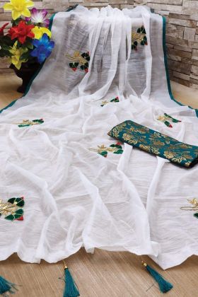 Beautiful Rama Color Embroidered Linen Saree