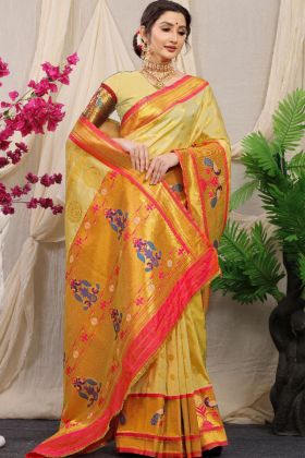 Beige Golden Zari Weaving Work Pure Silk Saree