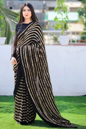 Black And Golden Striped Sequence Work Saree