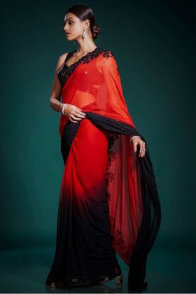 Black And Red Sequence Work Georgette Saree