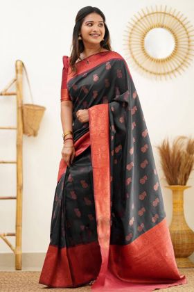 Black Banarasi Soft Silk Copper Zari Work Saree